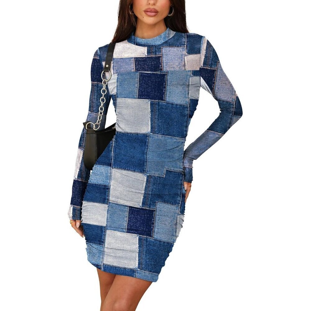Women's Blue White Print Mini Dress Sexy Mock Neck Cocktail Party Club Spring - Picture 2 of 5